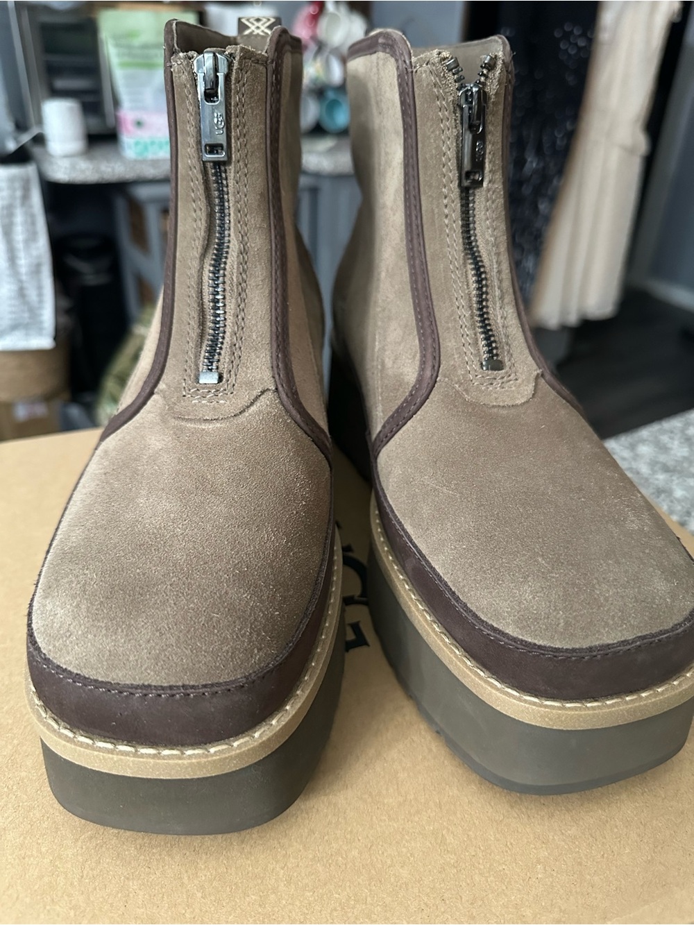 UGG Taupe and Brown Suede Front-Zip Platform Ankle Boots